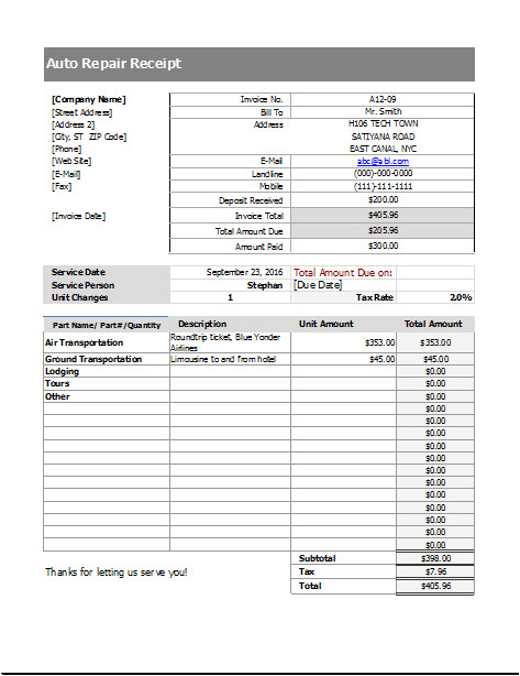 Car Repair Receipt Template Free - Car Repair Receipt Template Free Ms Excel EDitable Printable Auto Repair Receipt Template Of Car Repair Receipt Template Free