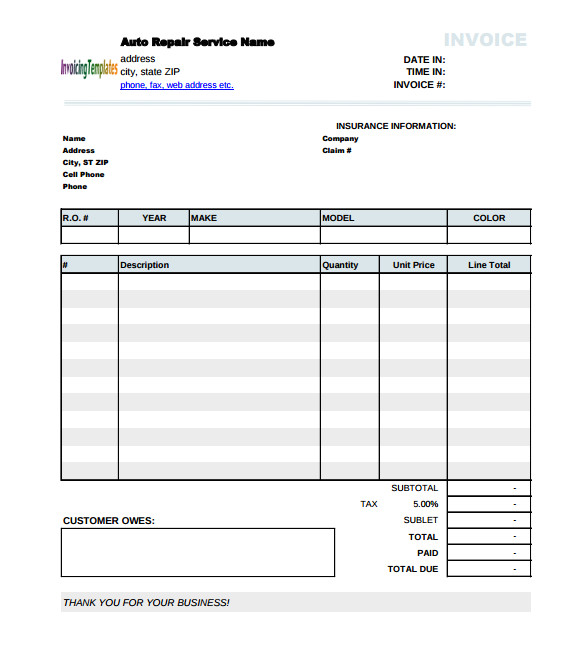 Car Service Receipt Template 12 Sample Auto Repair Invoice Templates to Download