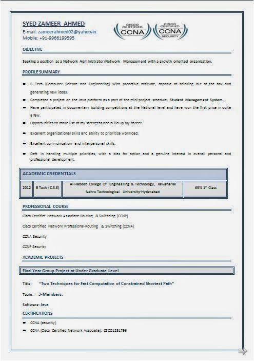 Ccnp Resume Sample for Freshers Ccna Resume for Freshers