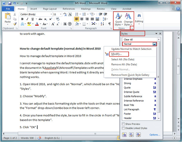 Change The Normal Template In Word 2010 Williamson ga us