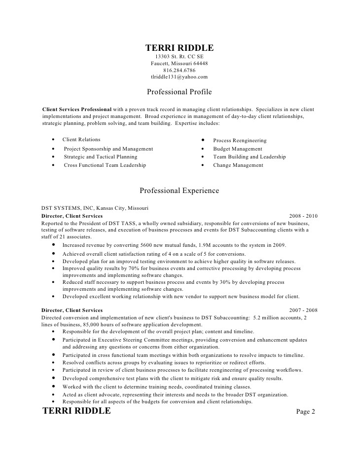 Client Servicing Resume Sample Riddle Terri Resume Client Services