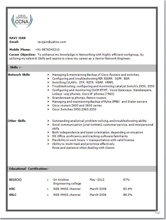 Computer Hardware and Networking Resume Samples Network Engineer Resume format