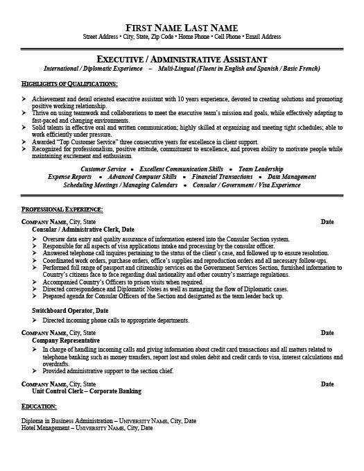 Consular assistant Cover Letter Consular or Administrative assistant Resume Template