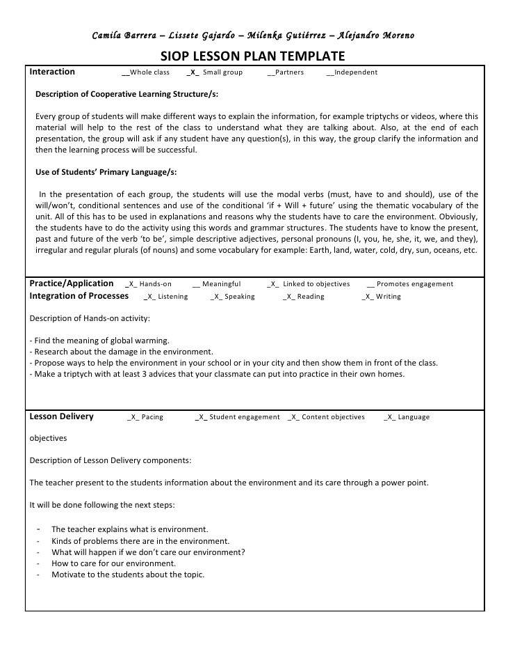 Cooperative Learning Lesson Plan Template Siop Unit Lesson Plan Template Sei Model