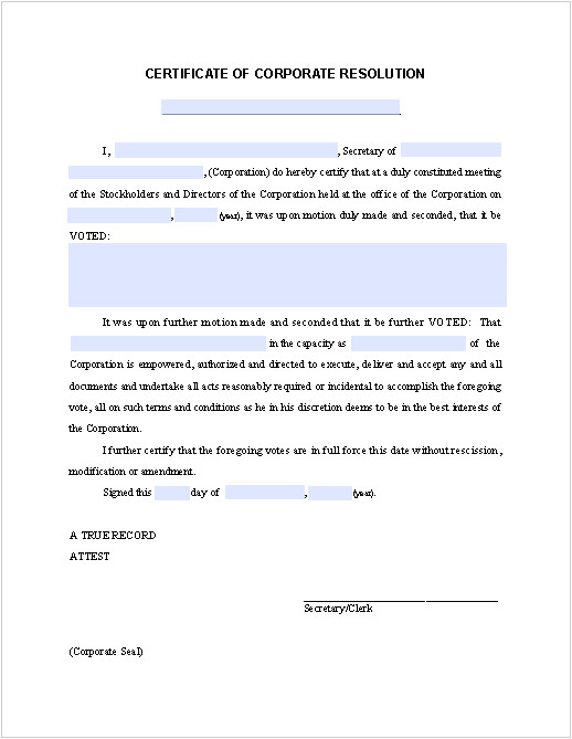 Corporate Resolution Authorized Signers Template Certificate Of Corporate Resolution Free Fillable Pdf