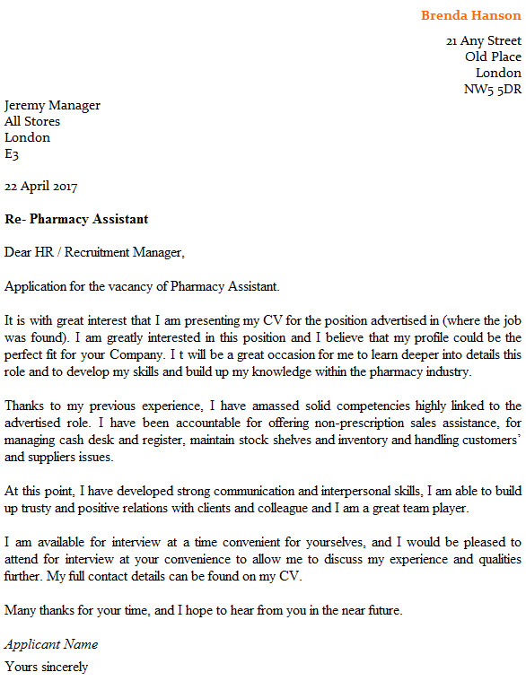 Cover Letter for A Pharmacy assistant Pharmacy assistant Cover Letter Example Icover org Uk