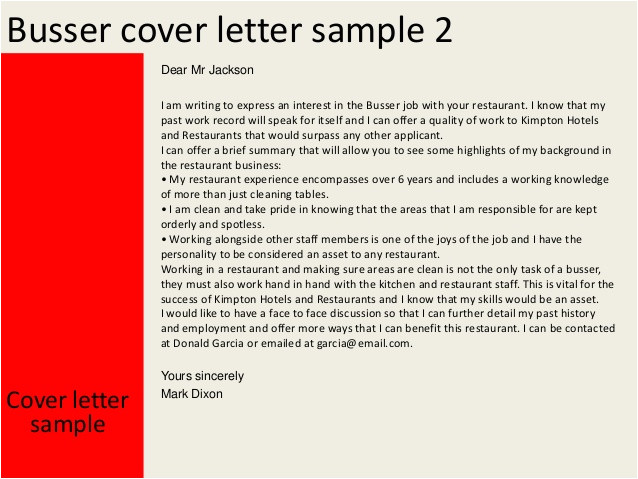 Cover Letter for Busser Busser Cover Letter