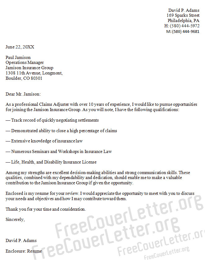 Cover Letter for Claims Adjuster Position Claims Adjuster Cover Letter Sample