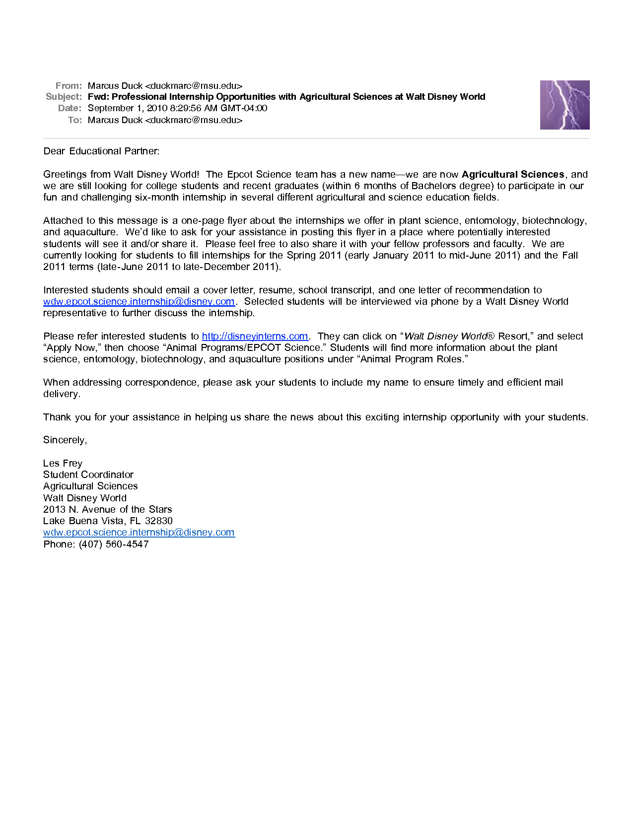 Cover Letter for Disney Internship Sample Cover Letter for Biotech Internship