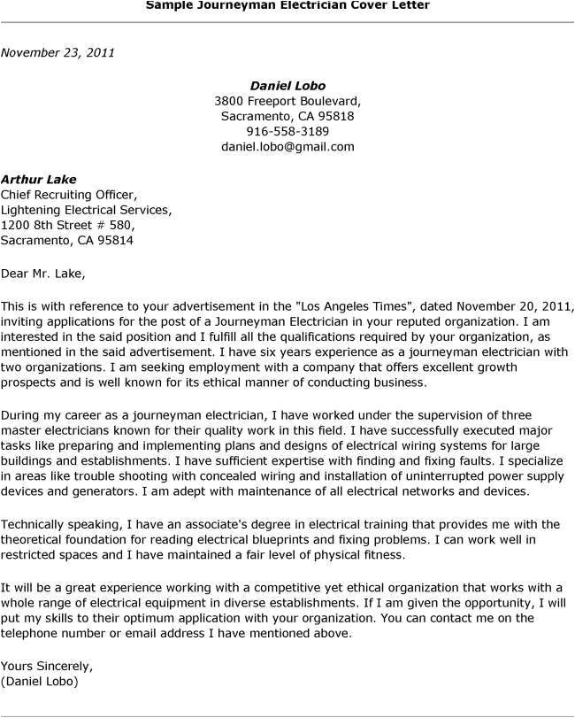 Cover Letter for Electrician Job Application Electrician Cover Letter ...