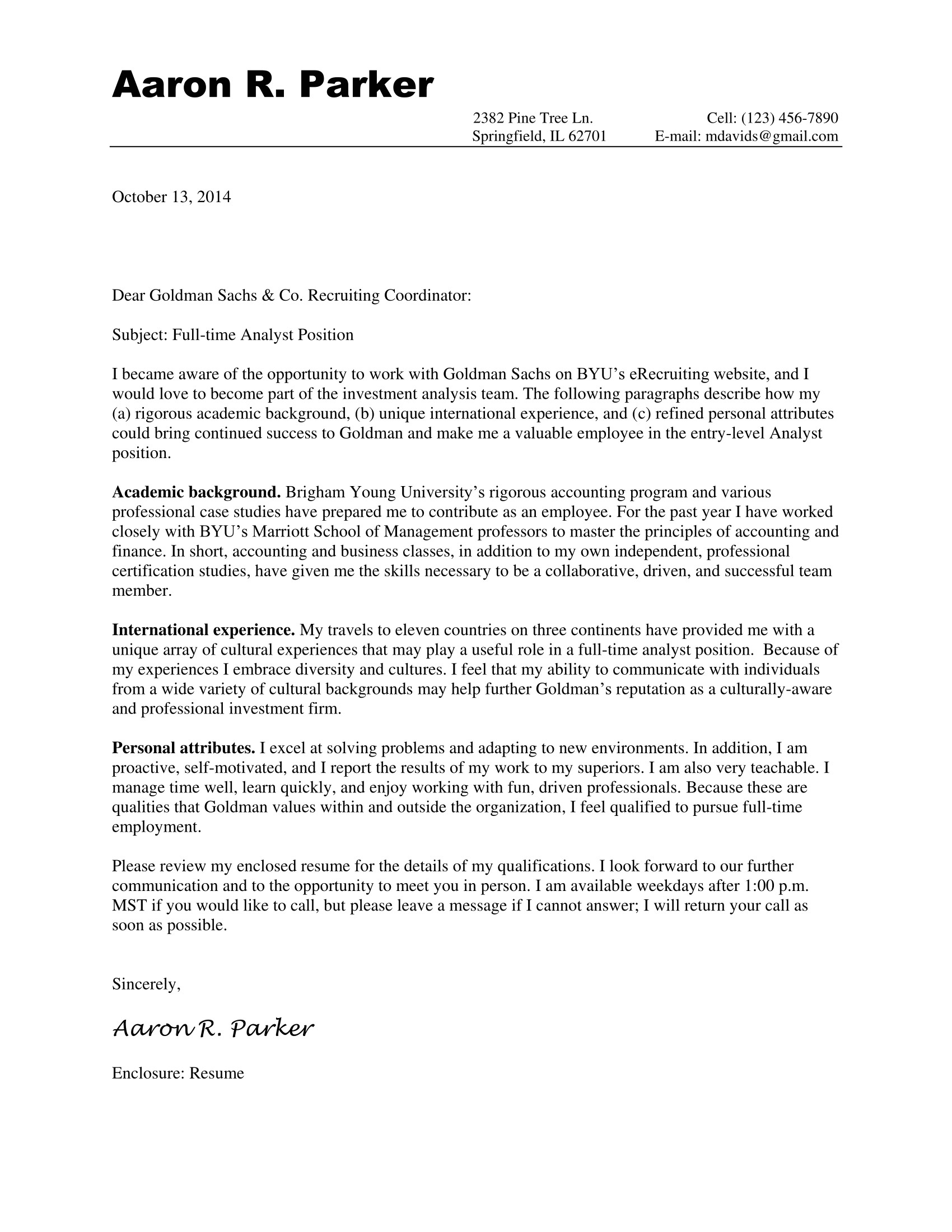 goldman sachs internship cover letter