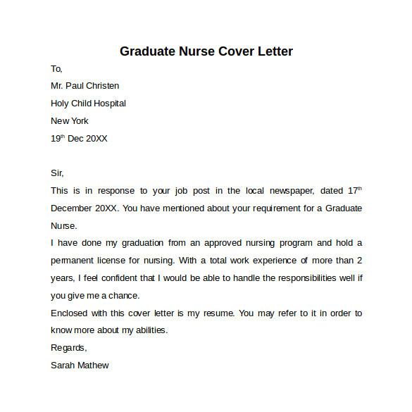 Cover Letter for Graduate Nurse Program 10 Nursing Cover Letter Template Samples Examples