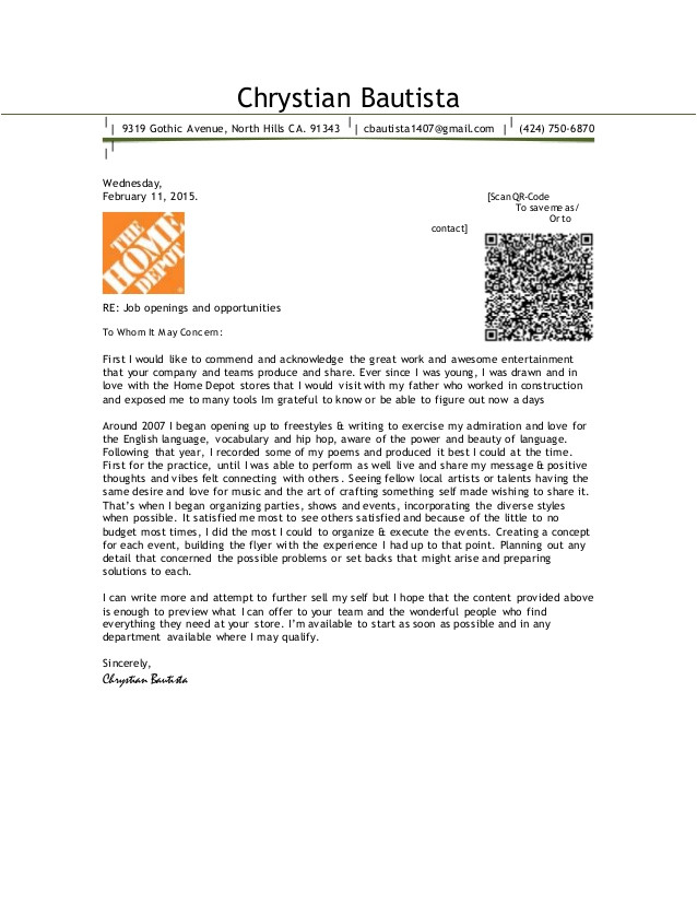 Cover Letter for Home Depot Chrystian Bautista Cover Letter 2015 Home Depot