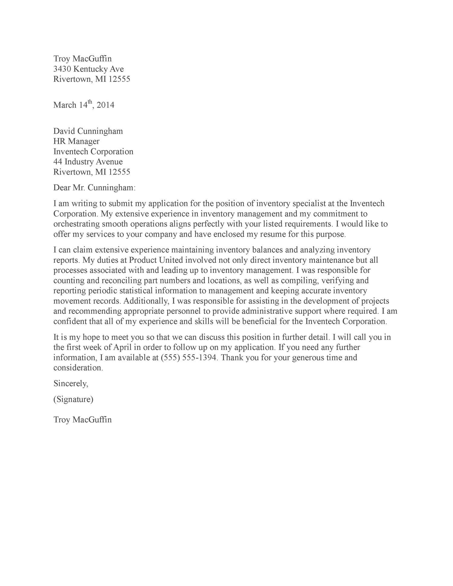 Cover Letter for Inventory Specialist Cover Letter Example Cover Letter Examples Inventory Control