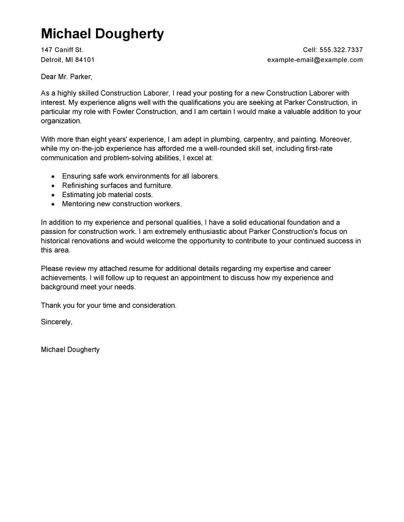 Cover Letter for Laborer Position Best Construction Labor Cover Letter Examples Livecareer