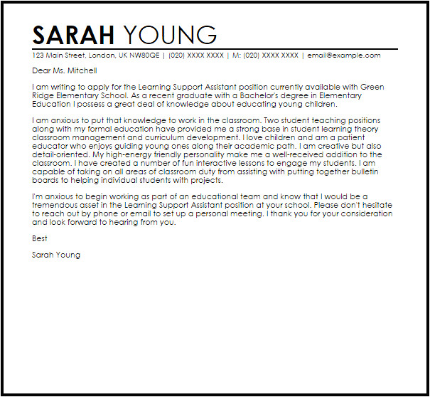 Cover Letter for Learning Support assistant Learning Support assistant Cover Letter Sample Cover