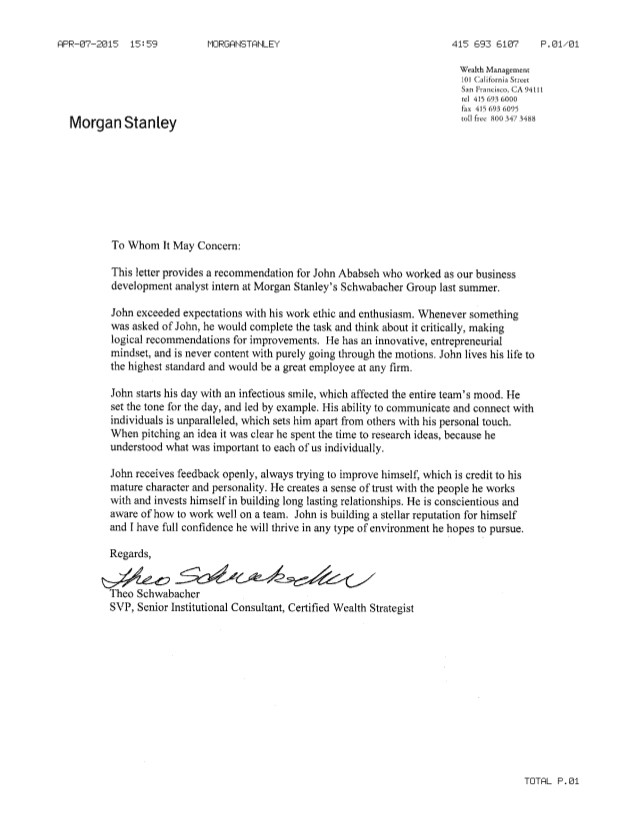 Cover Letter for Morgan Stanley Morgan Stanley Letter Of Rec