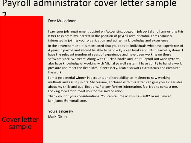 Cover Letter for Payroll Administrator Payroll Administrator Cover Letter
