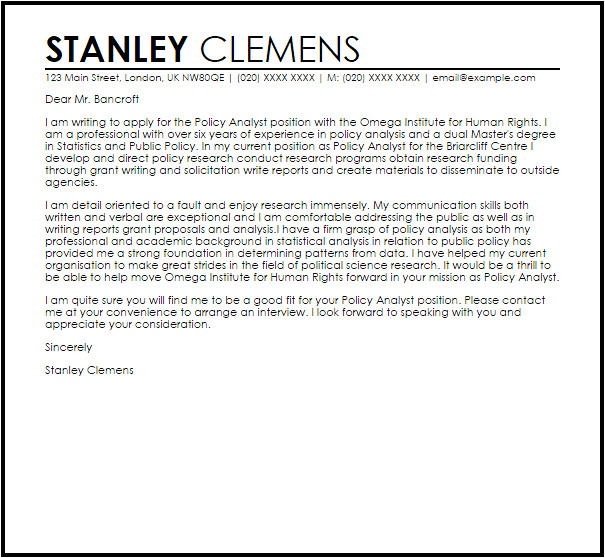 Cover Letter for Policy Analyst Policy Analyst Cover Letter Sample Cover Letter