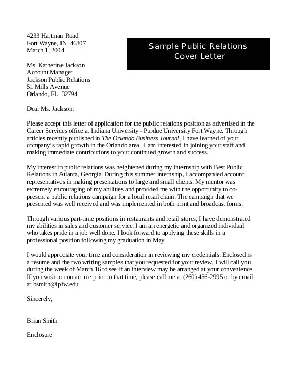 Cover Letter for Public Relations Position Cover Letter 13 Free Sample Example format Free