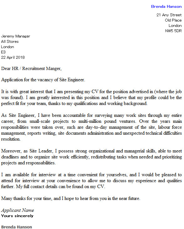 Cover Letter for Site Engineer Site Engineer Cover Letter Example Icover org Uk