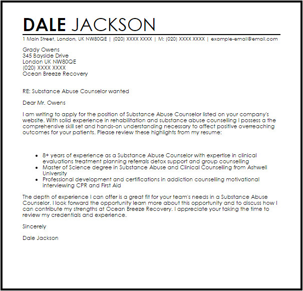 Cover Letter for Substance Abuse Counselor Substance Abuse Counselor Cover Letter Sample Cover