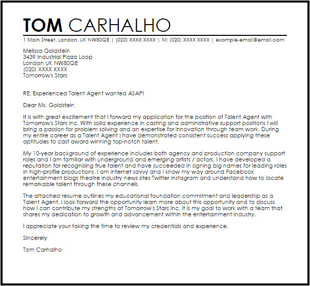 Cover Letter for Talent Agency Talent Agent Cover Letter Sample Cover Letter Templates