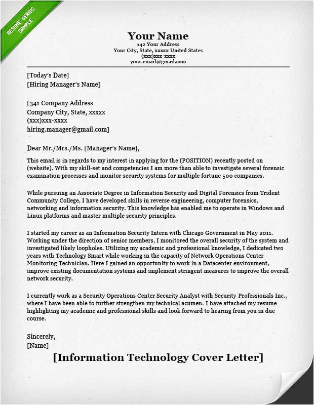 Cover Letter Sample for Information Technology Position Information Technology It Cover Letter Resume Genius