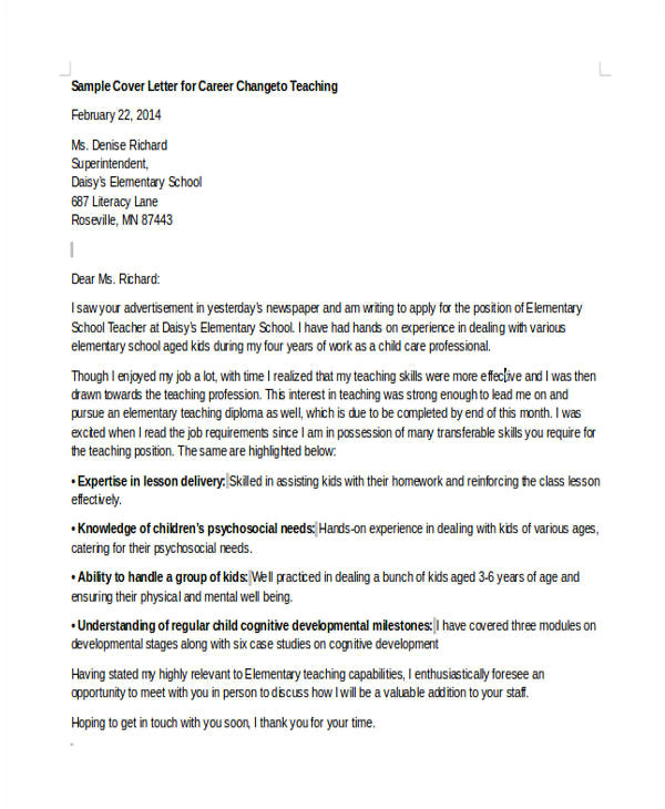 Cover Letter to Change Careers 6 Career Change Cover Letter Free Sample Example