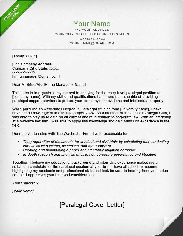 Cover Letters for Paralegals Paralegal Cover Letter Sample Resume Genius