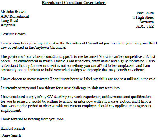 Covering Letter for Recruitment Consultant Recruitment Consultant Cover Letter Example Lettercv Com