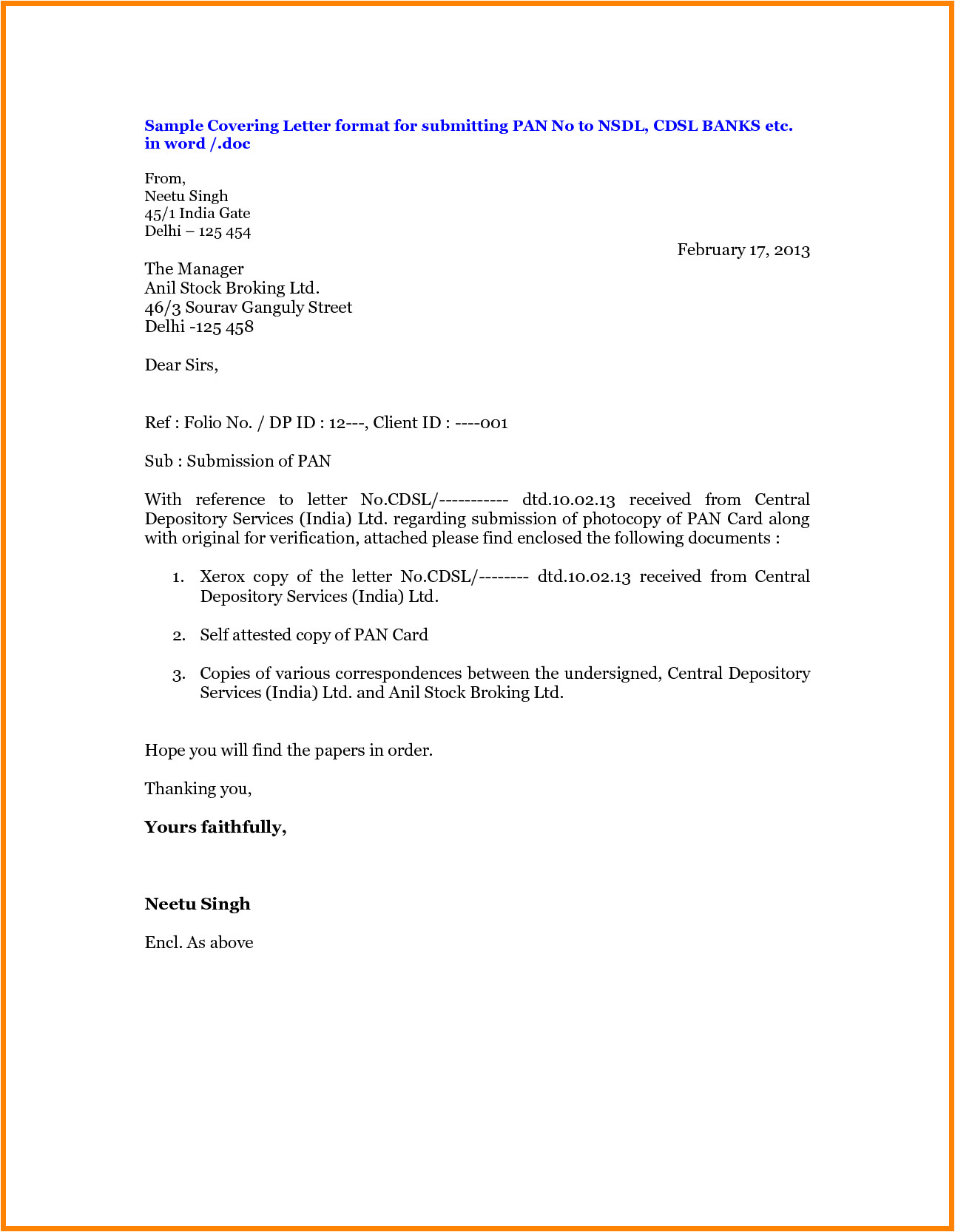 Covering Letter format for Document Submission 10 Letter format Enclosed Documents Ledger Paper