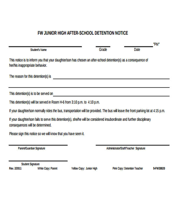 Detention Notice Template 8 Detention Notice Templates Free Sample Example format