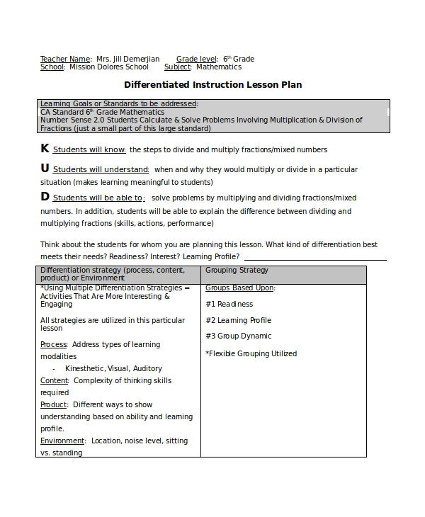 Differentiation Lesson Plan Template Differentiated Instruction Template 7 Free Word Pdf