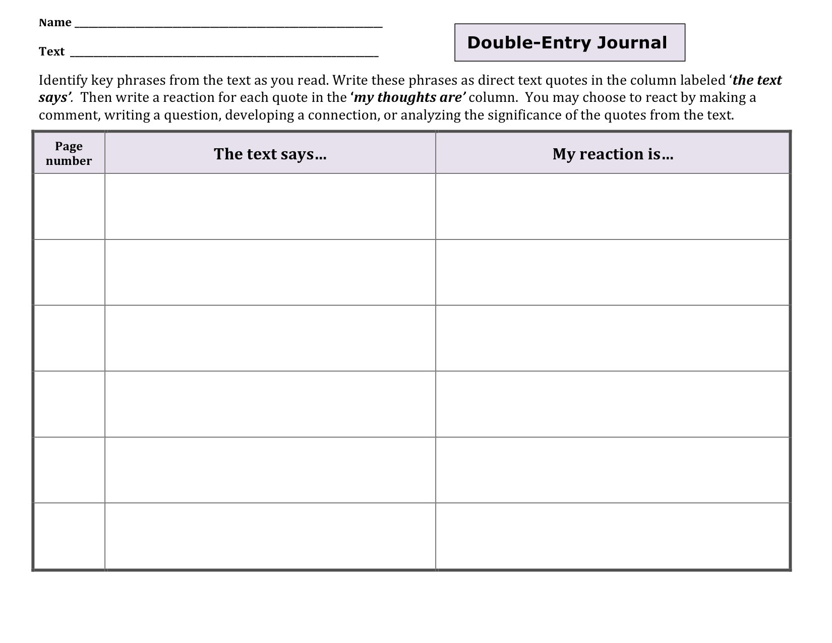 Double Sided Journal Entry Template Content Specific Literacy Focusing On Comprehension