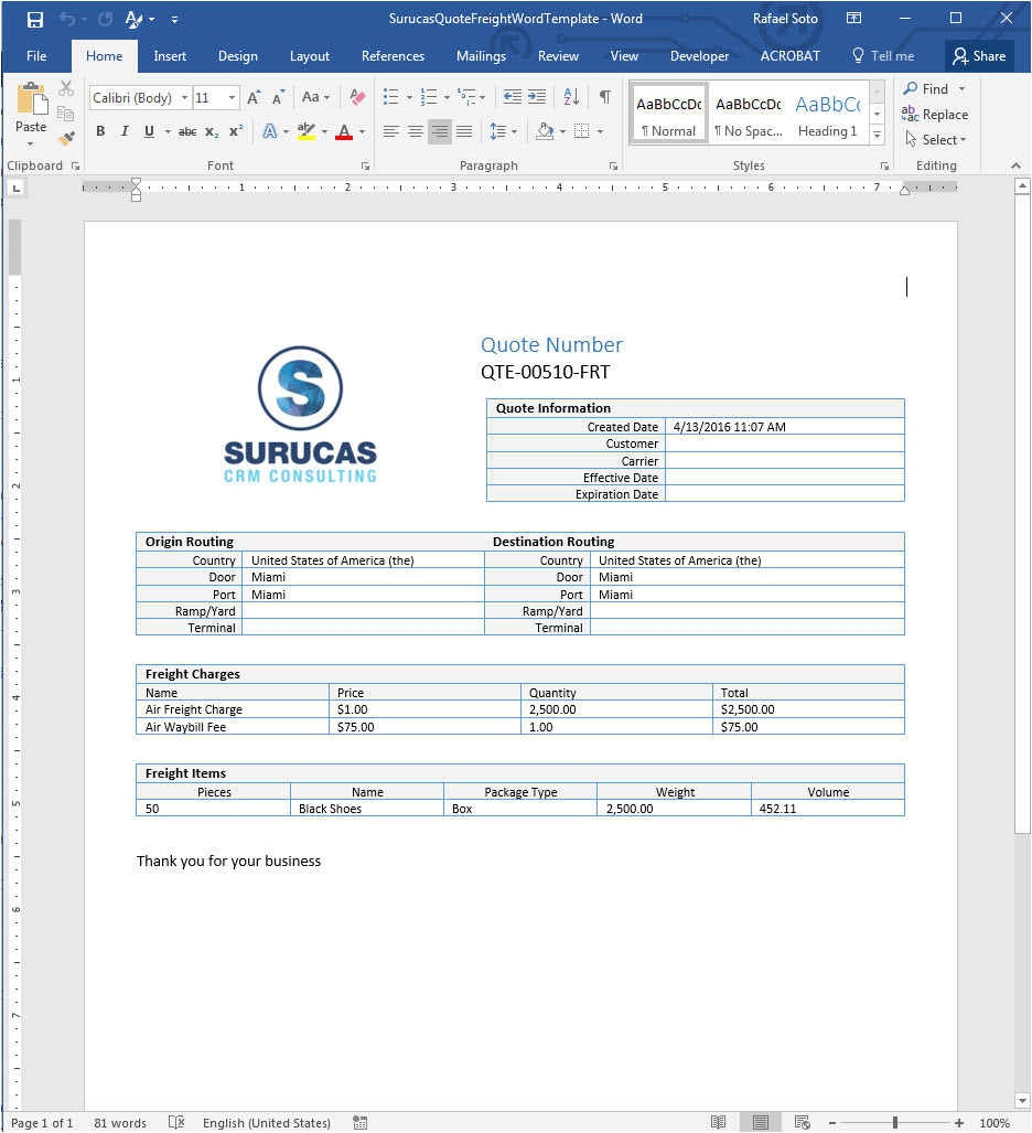 Dynamics Crm Quote Template Creating Freight Quote Templates In Word Surucas
