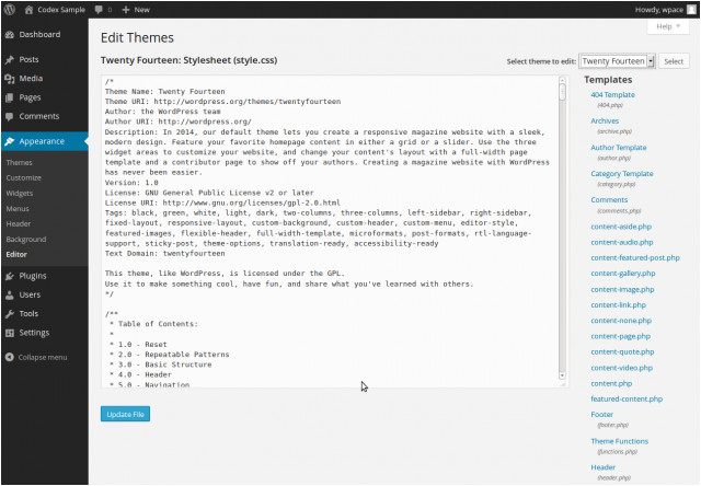 Editing WordPress Templates Appearance Editor Screen WordPress Codex