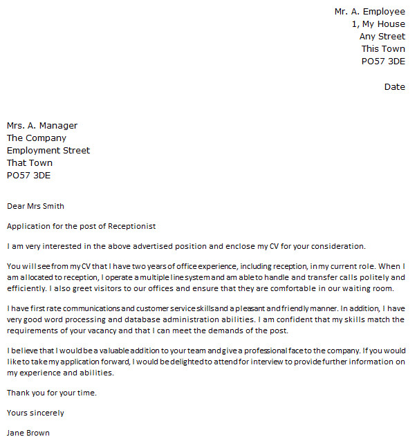 Example Of A Cover Letter for A Receptionist Cover Letter for A Receptionist Icover org Uk