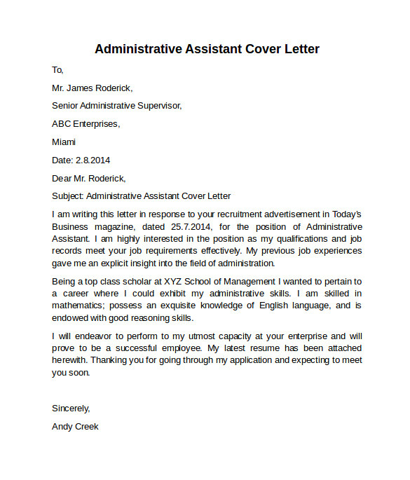 Free Sample Cover Letter for Administrative assistant Position 10 Administrative assistant Cover Letters Samples