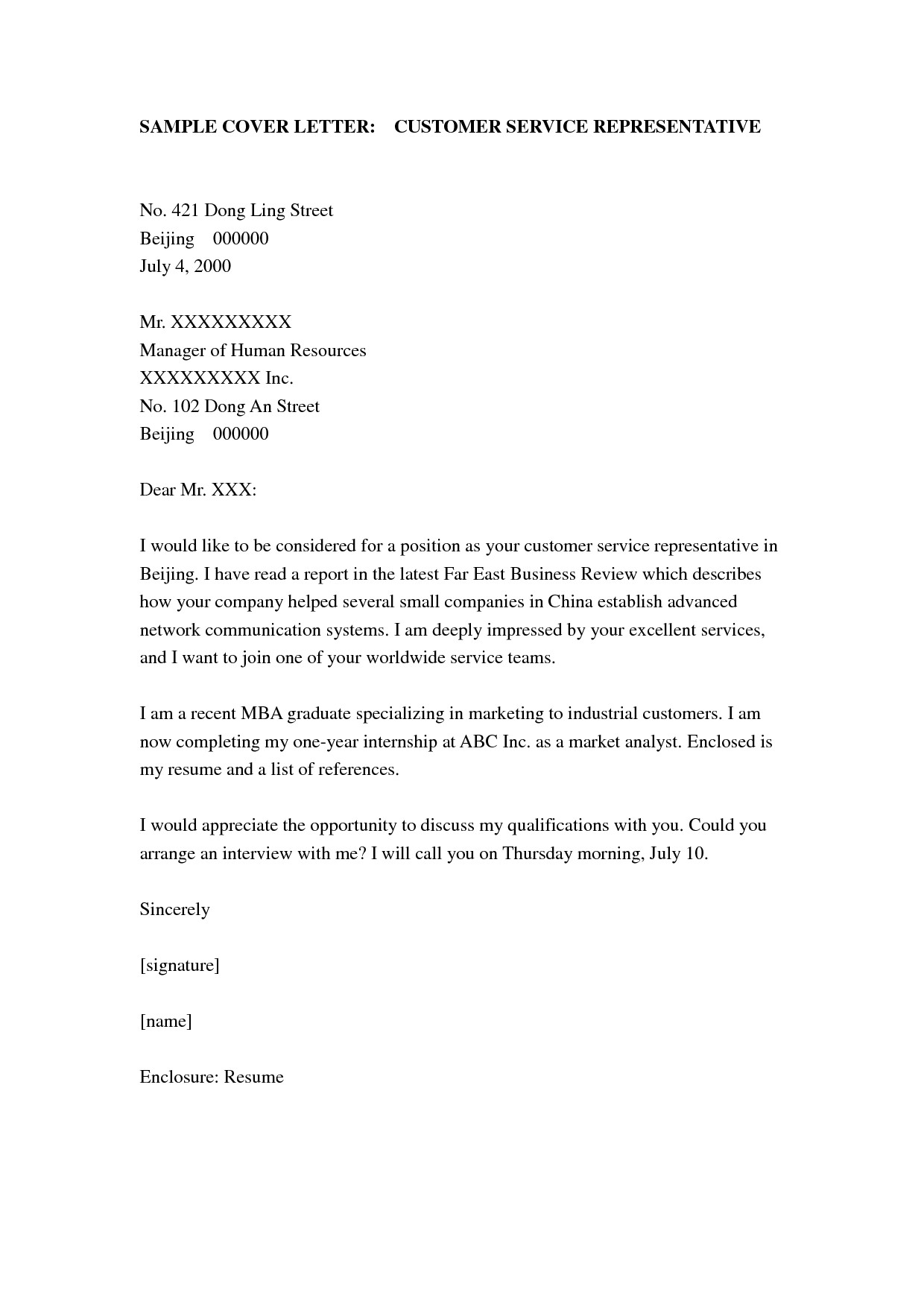 Generic Customer Service Cover Letter Cover Letter Example Cover Letter Examples for Customer
