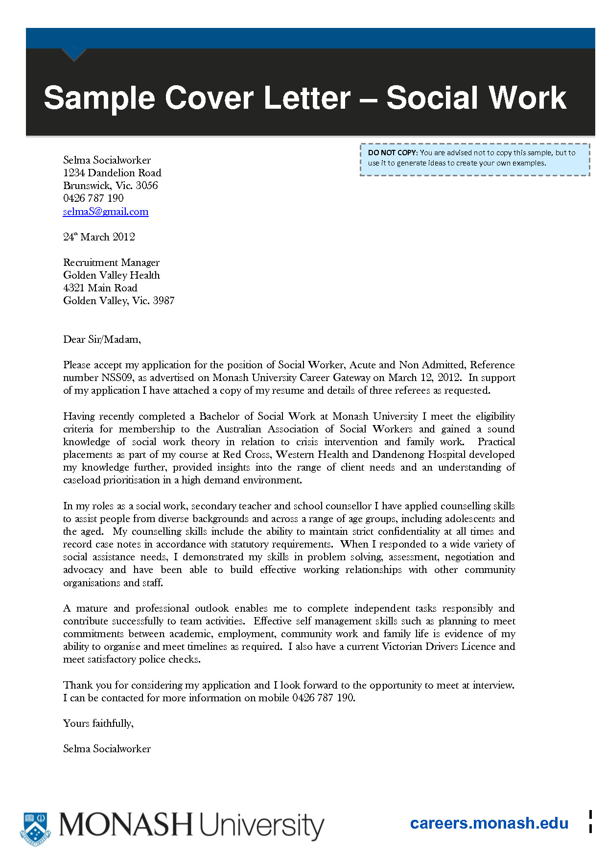 cover letter monash university