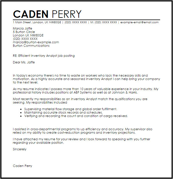 Inventory Analyst Cover Letter Inventory Analyst Cover Letter Sample Cover Letter