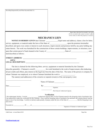 Lein Template Download Blank Mechanics Lien Template Pdf Rtf Word