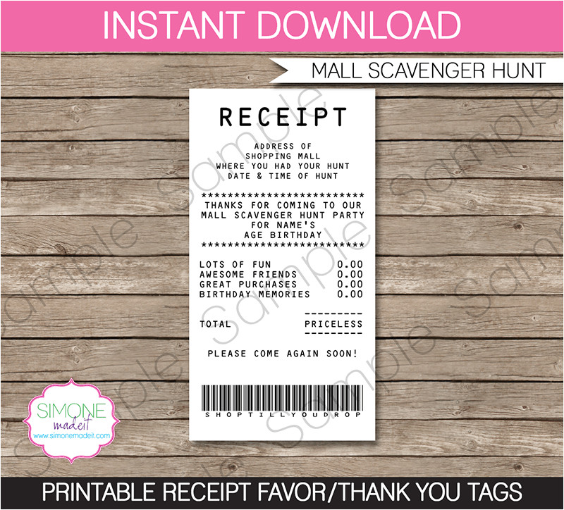 Mall Scavenger Hunt Invitation Template Mall Scavenger Hunt Favor Tags Receipt Tags Thank You Tags