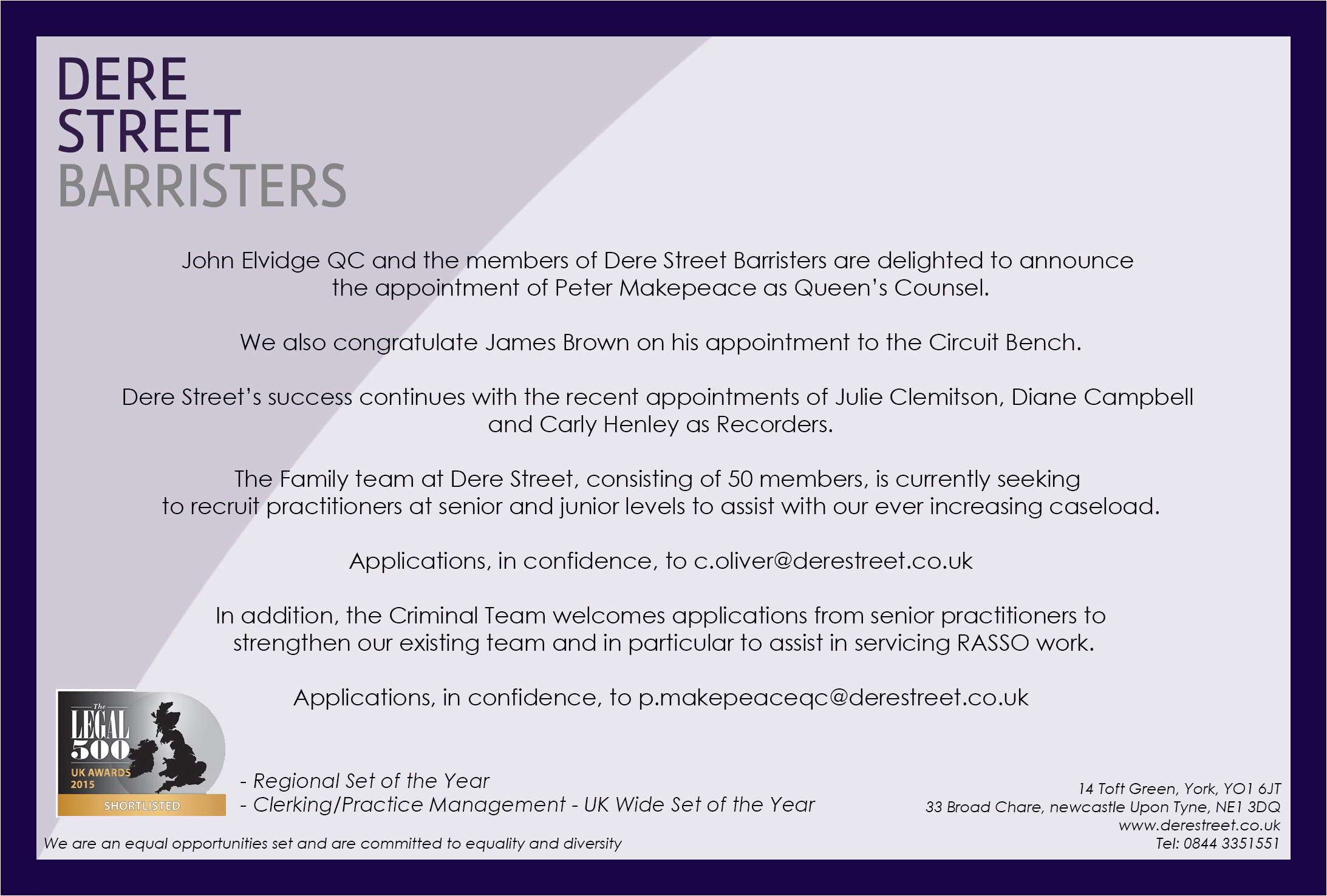 Mini Pupillage Covering Letter Recruitment and Pupillage Dere Street Barristers