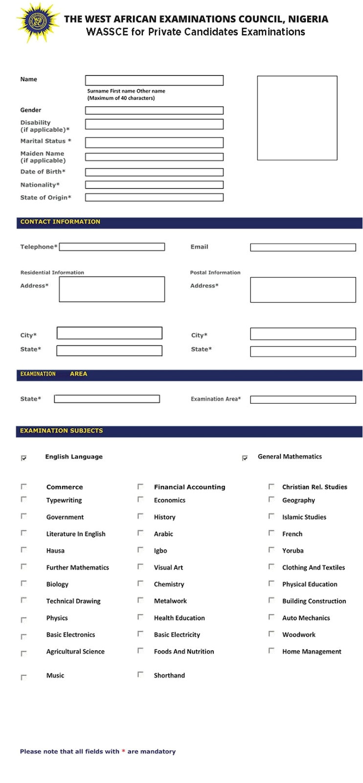 Neco Template Waec Registration Template form for May June and Gce