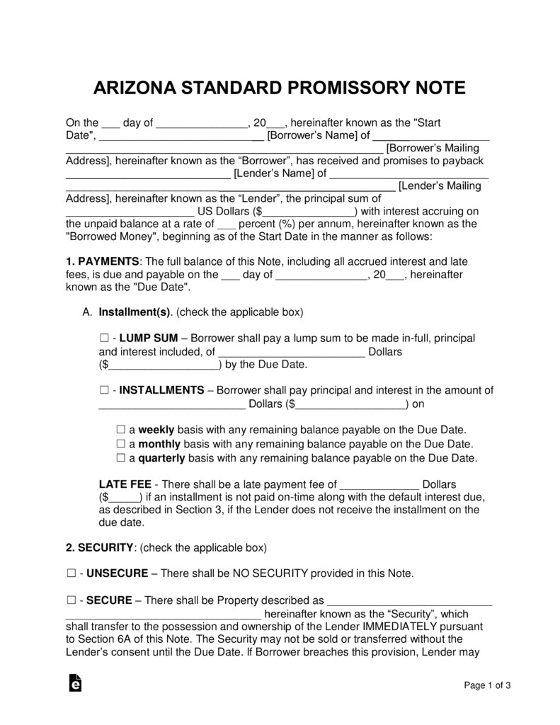 Promissory Note Template Arizona Free Arizona Promissory Note Templates Word Pdf