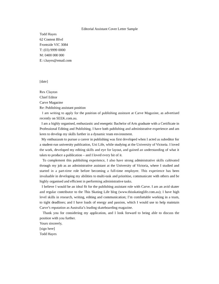 Publishing Cover Letter Example Publishing assistant Cover Letter Samples and Templates
