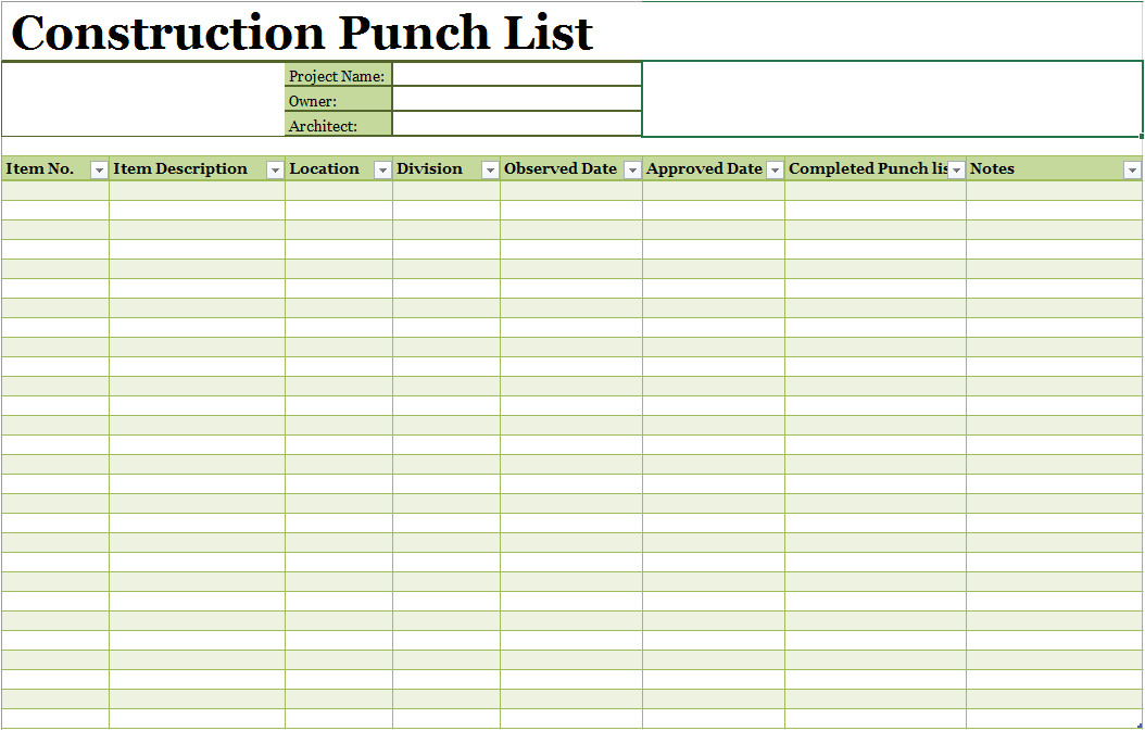 Punchlist Template 15 Free Construction Punch List Templates Ms Office