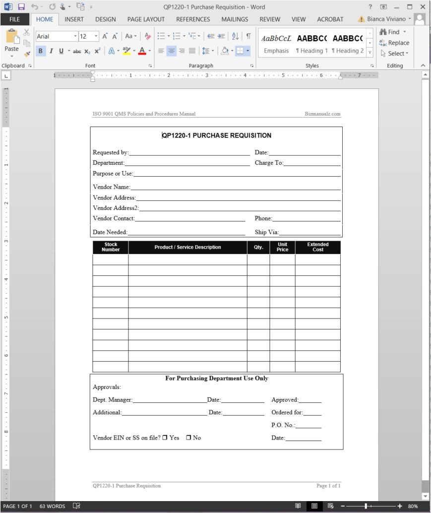 Purchasing Manual Template Purchase Requisition iso Template